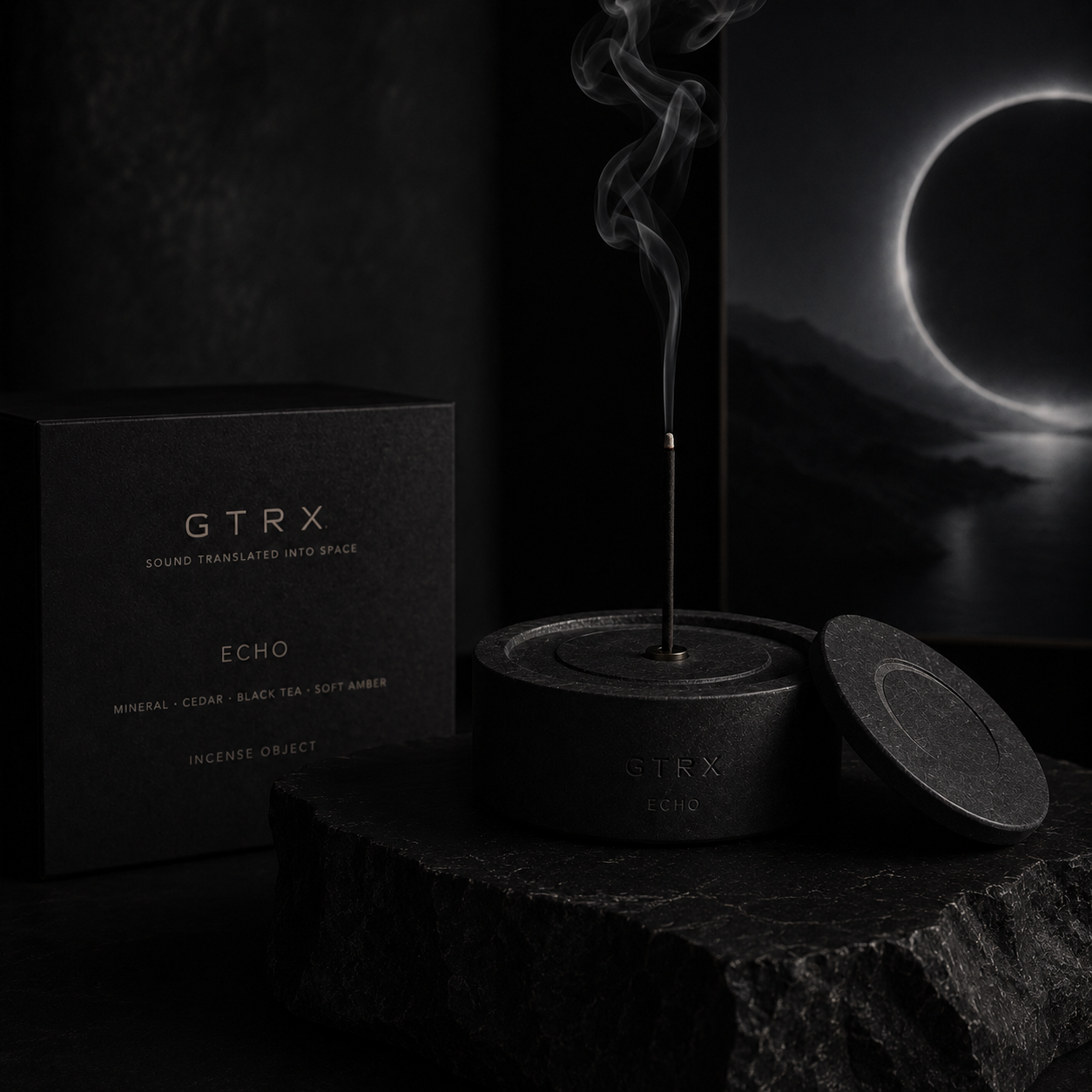 GTRX Echo incense object with a lit stick, smoke rising against an eclipse backdrop